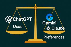 Comparison table with rows for writing, logic, safety, long context, UI, integrations