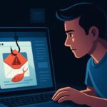 Tela com três janelas abertas: um e-mail, um WhatsApp falso, e um site fake de banco.