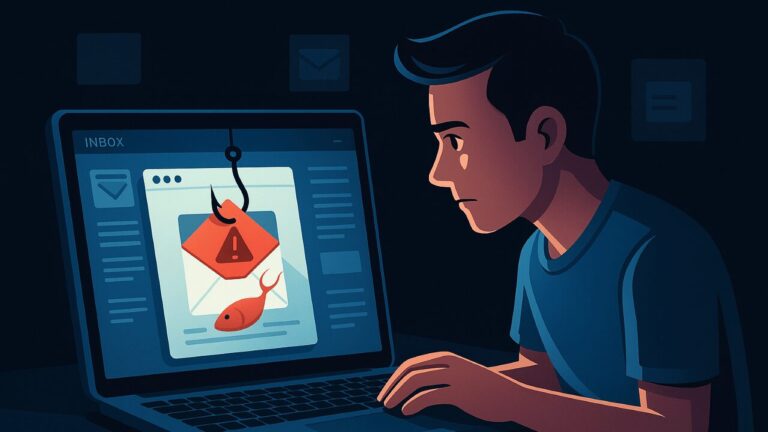 Tela com três janelas abertas: um e-mail, um WhatsApp falso, e um site fake de banco.